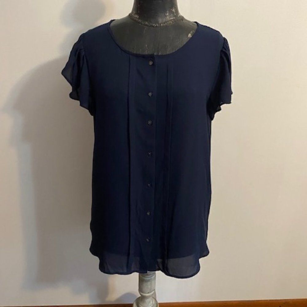 Ann Taylor Factory Navy Blue Button down sheer bottom blouse, size L